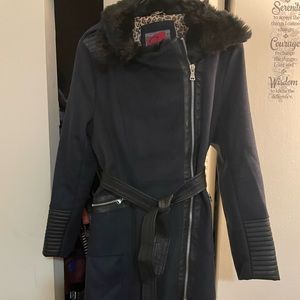 Celsius Wool FX leather Fur Collar Knee Coat